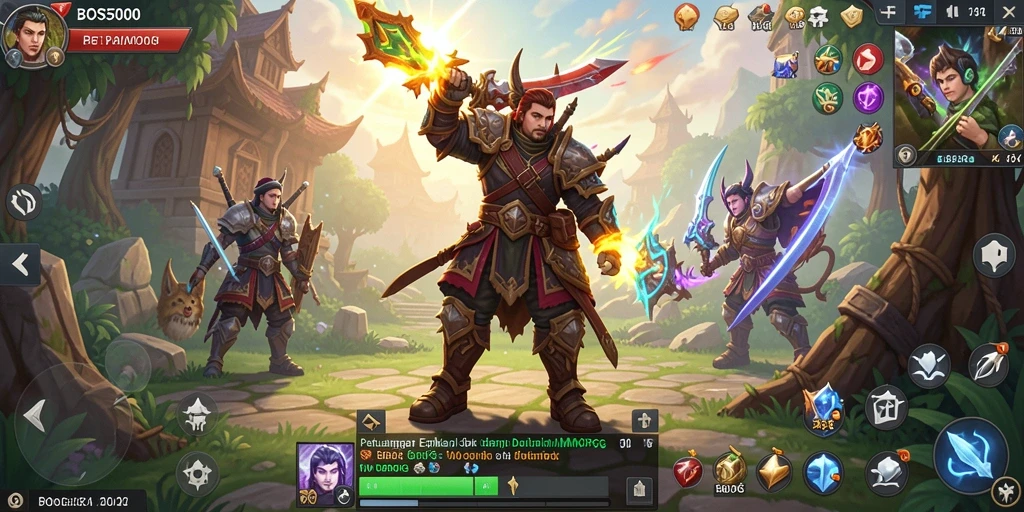 Screenshot gameplay BOS5000 menampilkan pertempuran epik antar pemain di dunia fantasi.