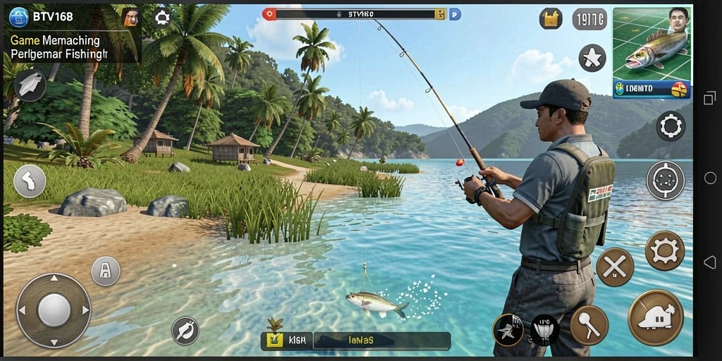 Screenshot utama BTV168 menampilkan aksi seru menangkap ikan.