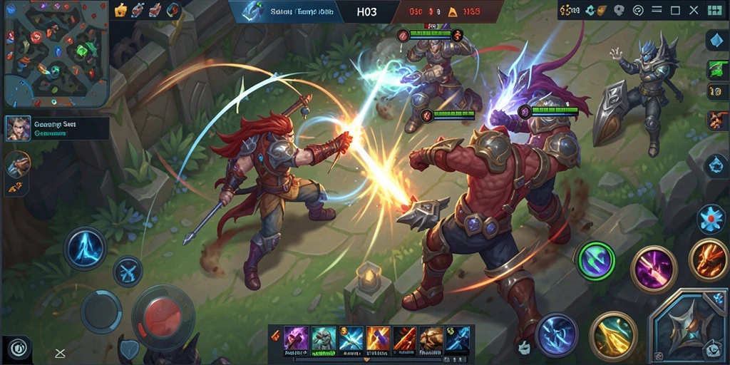 Screenshot gameplay H03 menampilkan pertempuran epik antara dua tim.