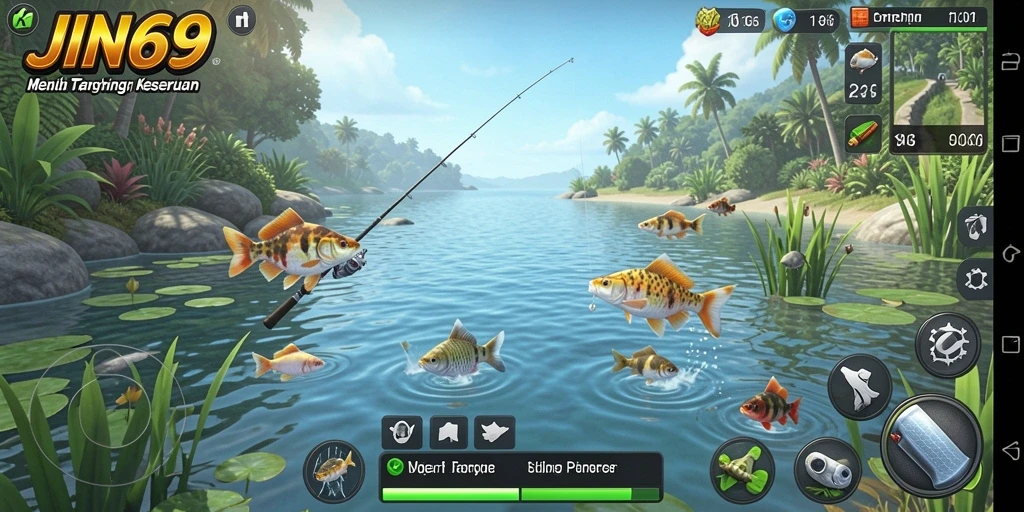 Screenshot JIN69 yang menunjukkan pemain menangkap ikan dengan senang.