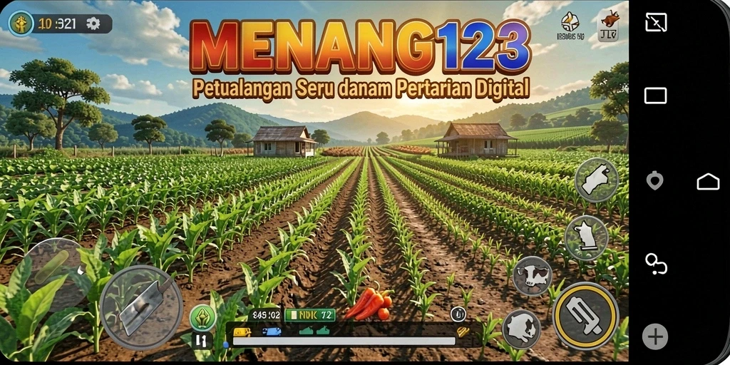 Tangkapan layar gameplay MENANG123 dengan latar belakang ladang yang indah dan tanaman subur.